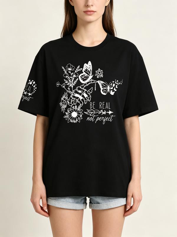 Men's Loose Fit Short-Sleeve Crew Neck Micro Elastic Cotton Knit T-Shirt - Fashion All-Seasons Casual Top with "Be Real Not Perfect" Graphic, Skeleton Hand, Butterfly, Floral, Geometric Prints & Self-Love Inspiration