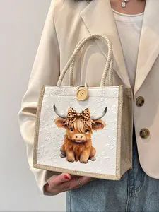 Charming Highland Cow Theme Printed Tote Bag, Handbag, Linen Tote Bag, Commuter tote bag, Travel Bag Essential, Large Capacity Handbag, Printed Shopping Bag, Suitable For School, Work, Commuting, Outdoor, Travel, Holidays, Teachers' Day, Gifts For Teach