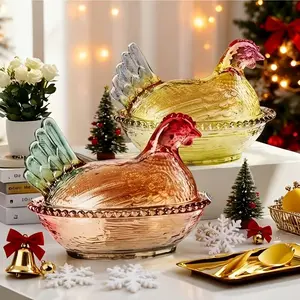 Chicken-Shaped Crystal Glass Storage Jar with Lid Elegant Rooster Design Hand Washable Reusable Decorative Container for Candy Fruit Snacks Kitchen Tabletop Decor Durable Glass Construction Animal-Themed Idea Porcelain Dinnerware Serving Bowls