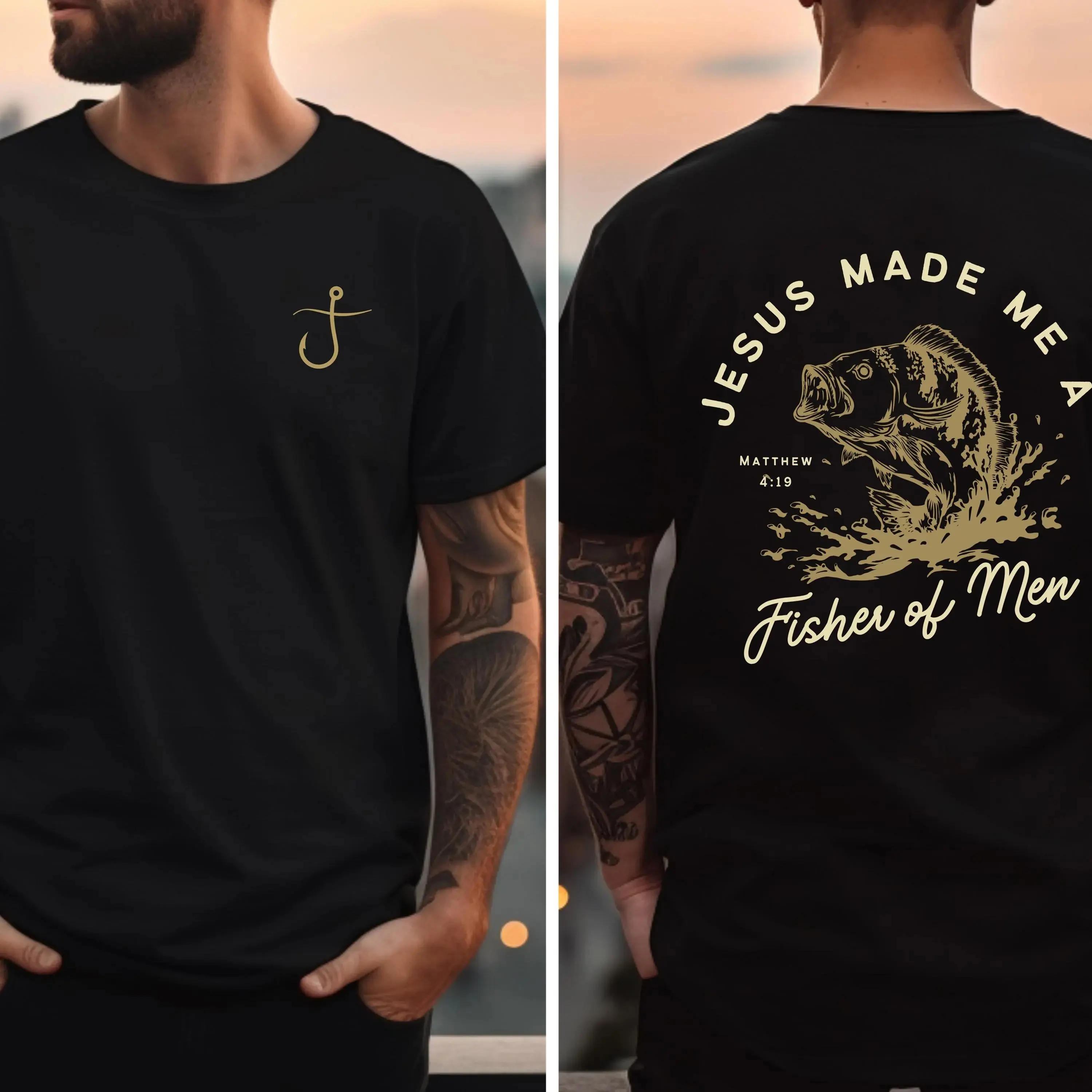 Mens Christian Fishing T-Shirt, Jesus Made Me A Fisher Of Men Matthew 4:19 Bible Verse With Bass Fish And Water Splash Front And Back Print Tee, Faith Fishing Shirt For Men, Church Outfit, Fathers Day Birthday Gift For Christian Anglers And Fishermen Top
