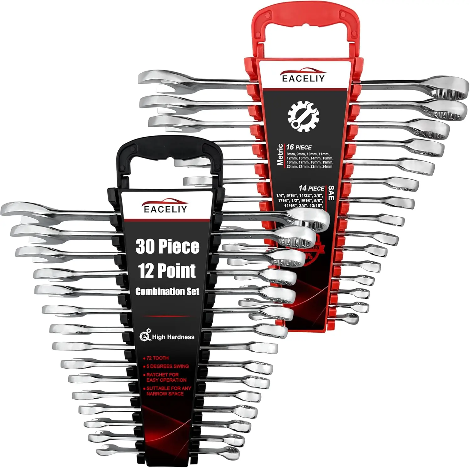 30PCS CR-V Steel Combination Wrench Set - 12 Point, Metric 8-22mm, SAE 1/4-1", 15°Offset, High Torque Tool, Leverage-Enhanced, Solvent-Resistant Compact Racks Included Hand Tool Set