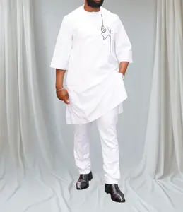 Men's White African Senator Suit 2 Piece Long Sleeve Top and Pants Kaftan for Wedding Parties & Special Occasions Crew Neck Design