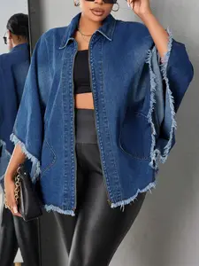 Women's Plus Size Batwing Denim Jacket Oversized Jean Cape Coat Distressed Raw Hem Fringe Poncho with Pockets Zip Up Cotton Blend Outerwear Casual