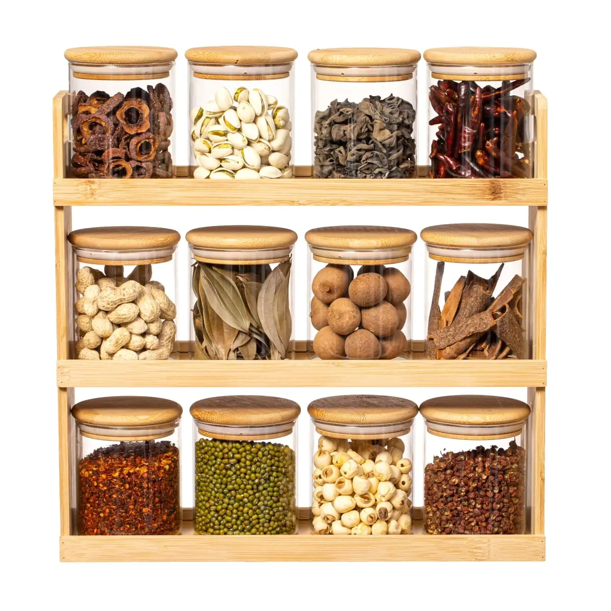 Basicwise QI004706.12 Smooth Multifunctional Bamboo 3-Tier Pantry Organizer & Storage Rack, 14x14.75x3.75in, with 12 Glass Canisters, Spice Storage Decor for Kitchen Countertop Bottle Organization (for Passionate Cooks), Organizes Spices