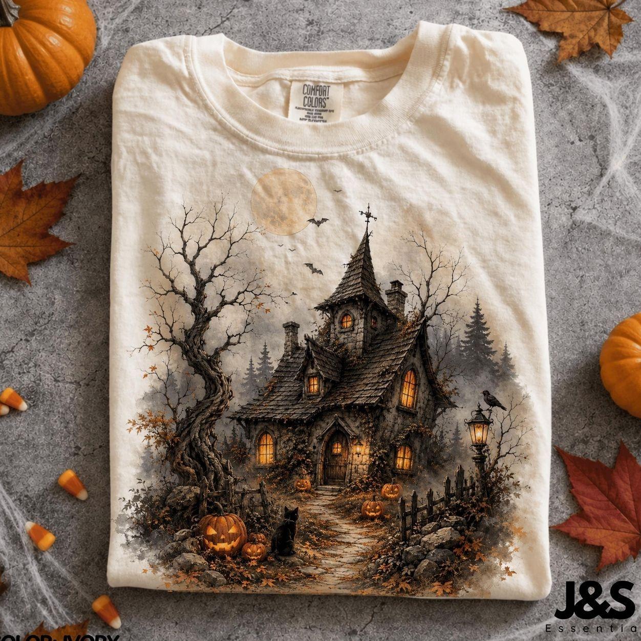 Comfort Colors Haunted Cottage Halloween T-Shirt, Vintage Spooky House Graphic Tee, Pumpkin Moon Fall Shirt, Cozy Gothic Witchy Autumn Apparel, Haunted Season Gift for Women & Men