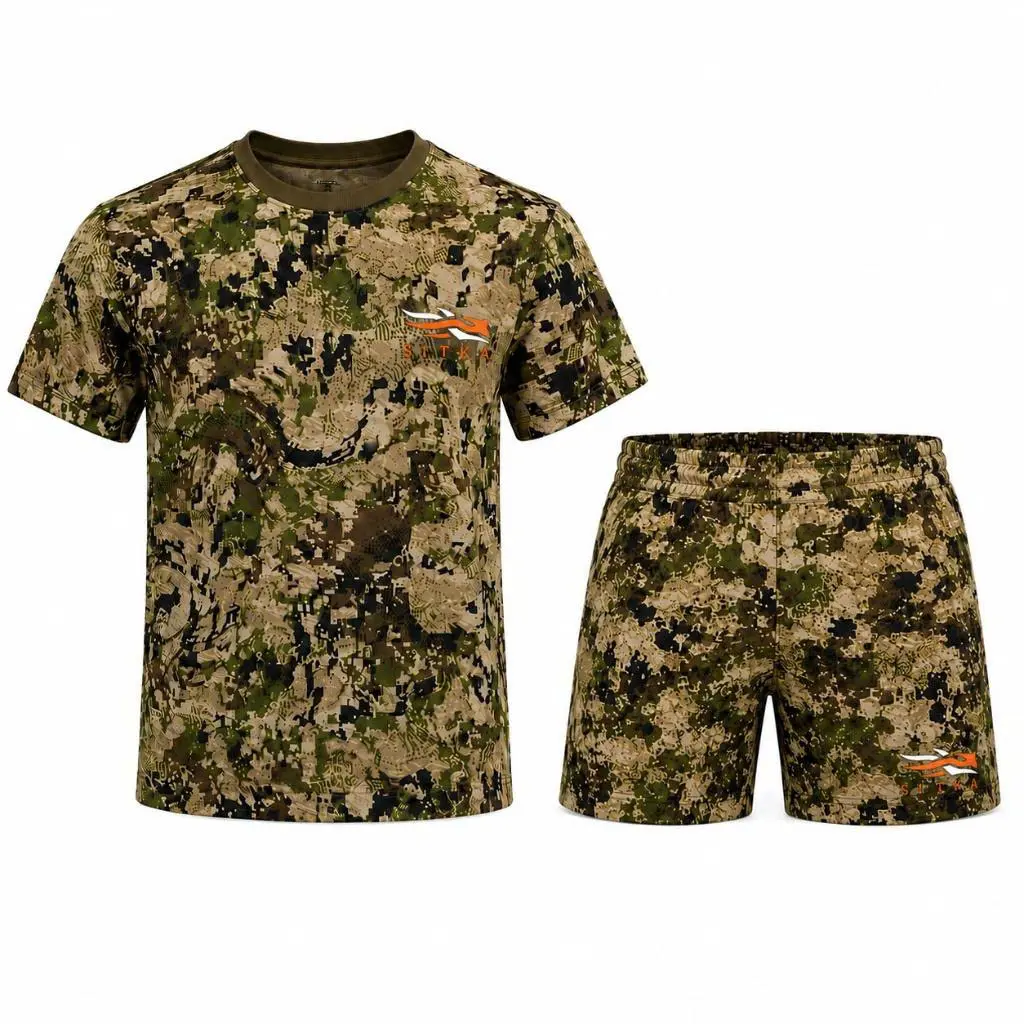 SITKA Camo Performance T-Shirt & Shorts Set for Men, Lightweight Breathable Hunting Outfit, Moisture Wicking Athletic 2 Piece Camouflage Clothing