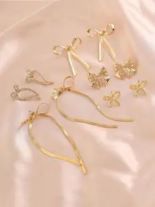 Cute Bow Design Snake Bone Chain Earrings Set, Rhinestone Decor Metal Ribbon Knotted Shape Dangle Earrings & Stud Earrings, Fashion Jewelry Accessories for Women & Girls