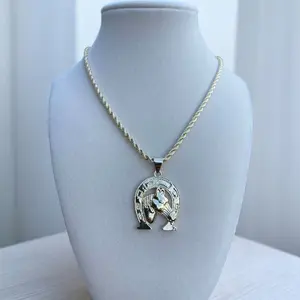 Men's 14k Gold Plated Horseshoe Hip-Hop Pendant 6mm Rope Chain Necklace 18-Inch 4mm