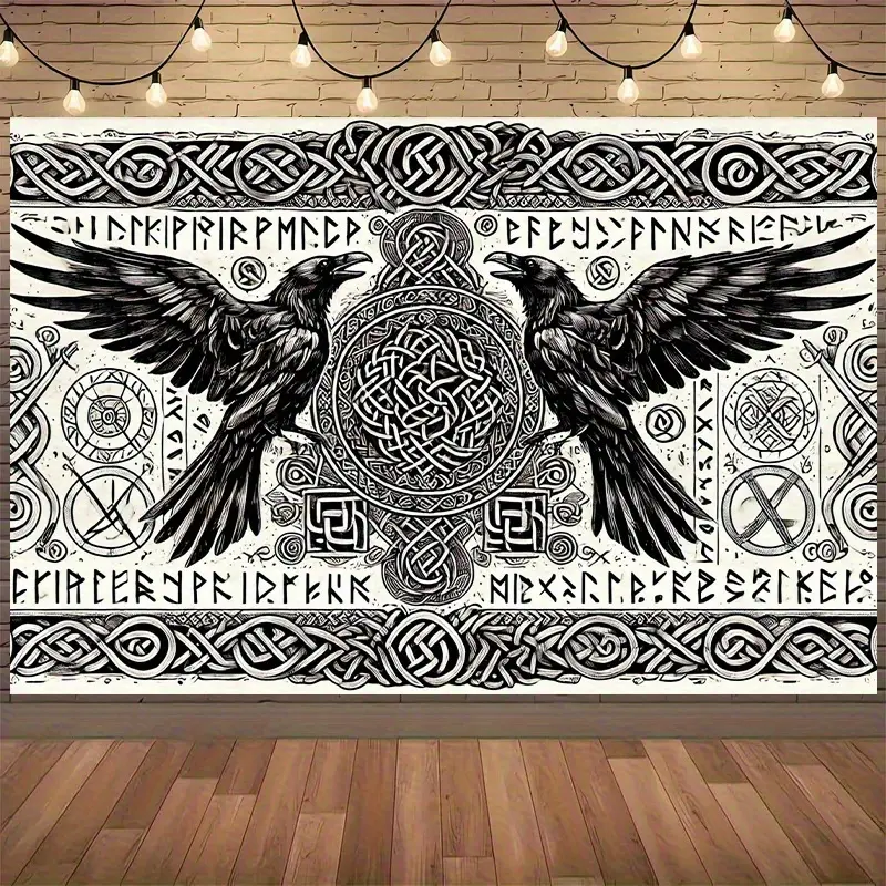 1pc Norse Raven & Celtic Knot Wall Tapestry Viking-Themed Horizontal Hanging Decor with Norse Raven Art Celtic Knot Patterns for Living Room Bedroom Office Norse Mythology Backdrop for Viking Parties & Scandinavian Home Decor