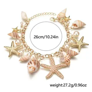Women’s shell starfish pearl bracelets and anklets; gold beach bracelets paired with shell and starfish pendants; Bohemian tassel vacation-style ocean-themed summer beach accessories; Jesus cross necklace, hip-hop jewelry, punk chunky snake chain, minimal