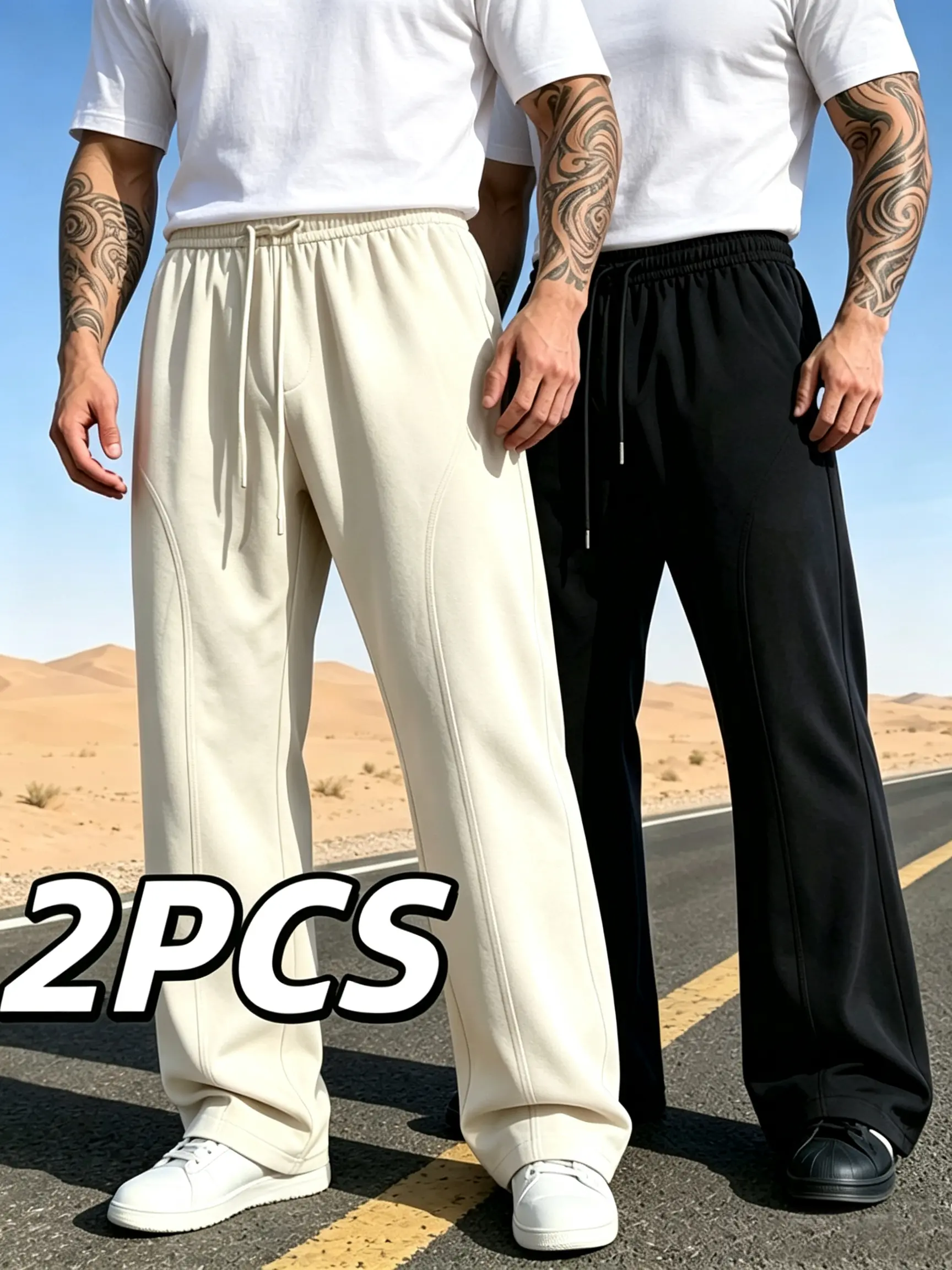 Men's 2-Pack Menswear Stylish High-Waisted Casual Pants - Drawstring Elastic Waist, Loose Wide-Leg, Versatile Drapey Floor-Length Straight-Leg Bottoms