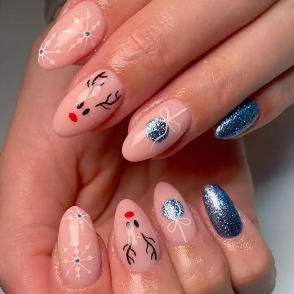 Christmas 24pcs Short Oval Blue Glitter Press-On Nails, Reindeer Snowflake Bow Apple Design, Glossy Acrylic False Nails for Women Girls