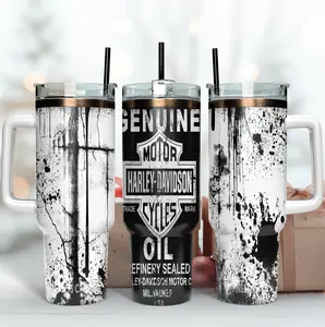 Motorcycle Biker Inspired 40oz Tumbler with Handle, Grunge Style Oil Design, Custom Travel Mug for Riders