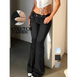 GZ06787 Multicolor Retro Low-Waist Flared Jeans for Women, Y2K Casual Outerwear Street Style Design, Slim Fit, Elastic Waistband, Elegant, Special Edition, Suitable for Use with Raincoat