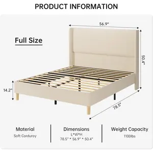 Garvee Full Size Bed Frame with Tall Corduroy Wingback Headboard, Vertical Channel Tufted Design, Protective Back Panel, Sturdy Wooden Slats Support, No Box Spring Needed