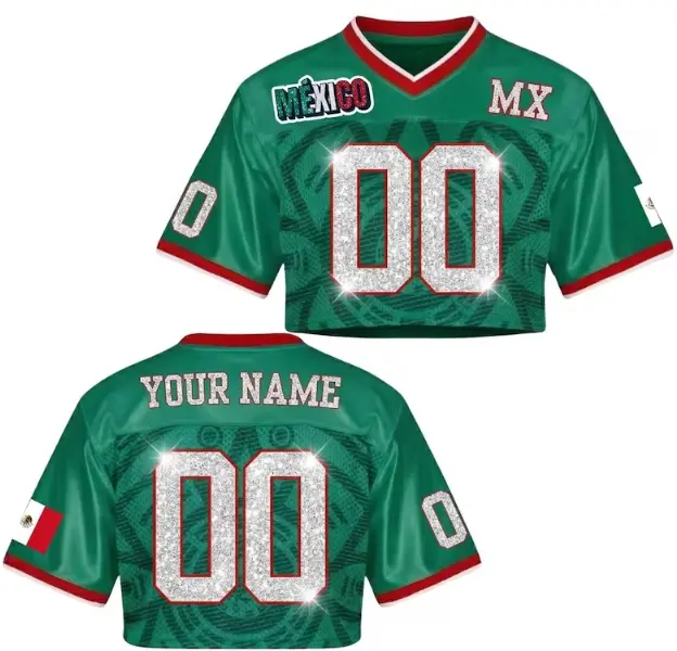 Custom Mexico Football Jersey for Women, Personalized Glitter Printed Name Number Mesh Crop Top, Green White Soccer Jersey, Mexican Shirt