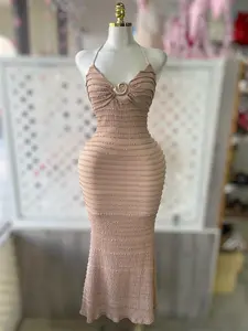 Ariel Mocha Halter Neck Maxi Dress with Gold Shell Hardware