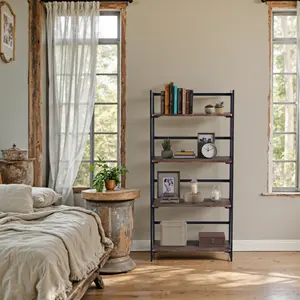 Homy Casa Backer Foldable 5-Tier Bookshelf No-Tool Setup Space-Saving Storage for Bedroom Living Room Office Dorm E1 MDF Shelves Metal Frame Minimalist Compact Sturdy