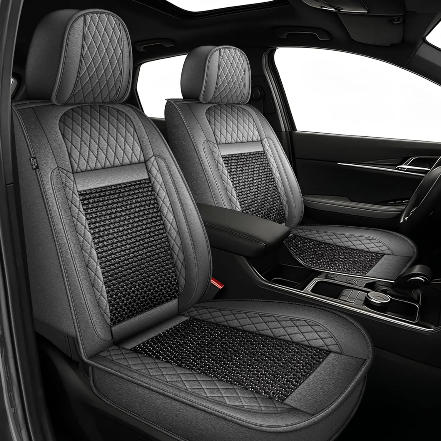 for Mitsubishi Outlander 2007-2026 Car Seat Covers, Breathable Ice Silk & Leather Seat Protector, Cool & Anti-Sweat for Long Driving, Airbag Compatible, 5 Seats Full Set (Black&Gray)  Universal