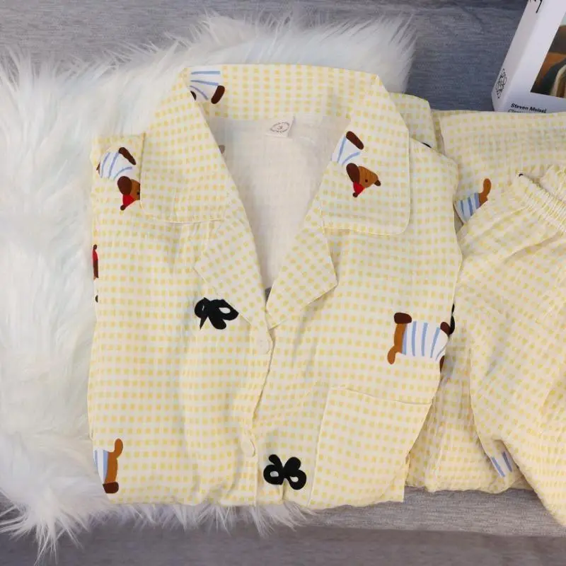 Cute Dachshund Dog Print Pajamas Set for Women Soft Yellow Plaid Bow Long Sleeve Loungewear Spring Casual Women's Pajamas Set