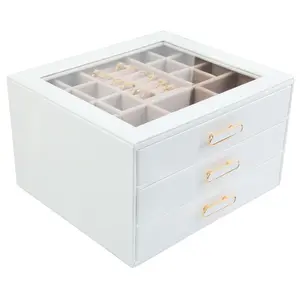 BOOVO Jewelry Box Organizer with Glass Lids 3 Layer Jewelry Storage Case PU leather Jewelry Boxes for Woomen Suitable for Storing Rings Necklaces Earrings, Bracelets Gift Box for Girls