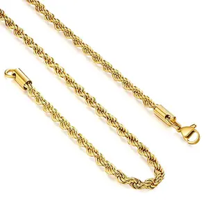 Men Women Stainless Steel Hip Hop Necklace, Gold/Silver 2-5mm Vintage Twist Chain, Unisex, 18/20/22/24 Inches