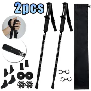2pcs Collapsible Shock-Absorbing Aluminum Hiking Poles - Black Telescopic Trekking Sticks with Wrist Straps, Multi-Terrain Rubber Tips, Carry Bag, Suitable for Backpacking, Climbing