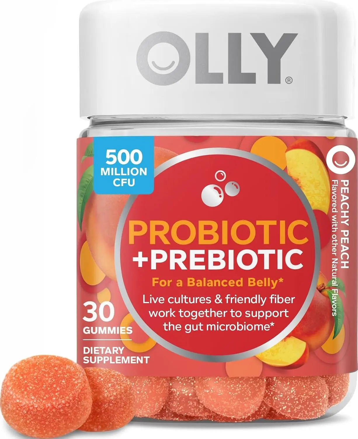 OLLY Probiotic + Prebiotic Gummy Supplement, 500M CFUs, Peachy Peach Flavor - 30 Count
