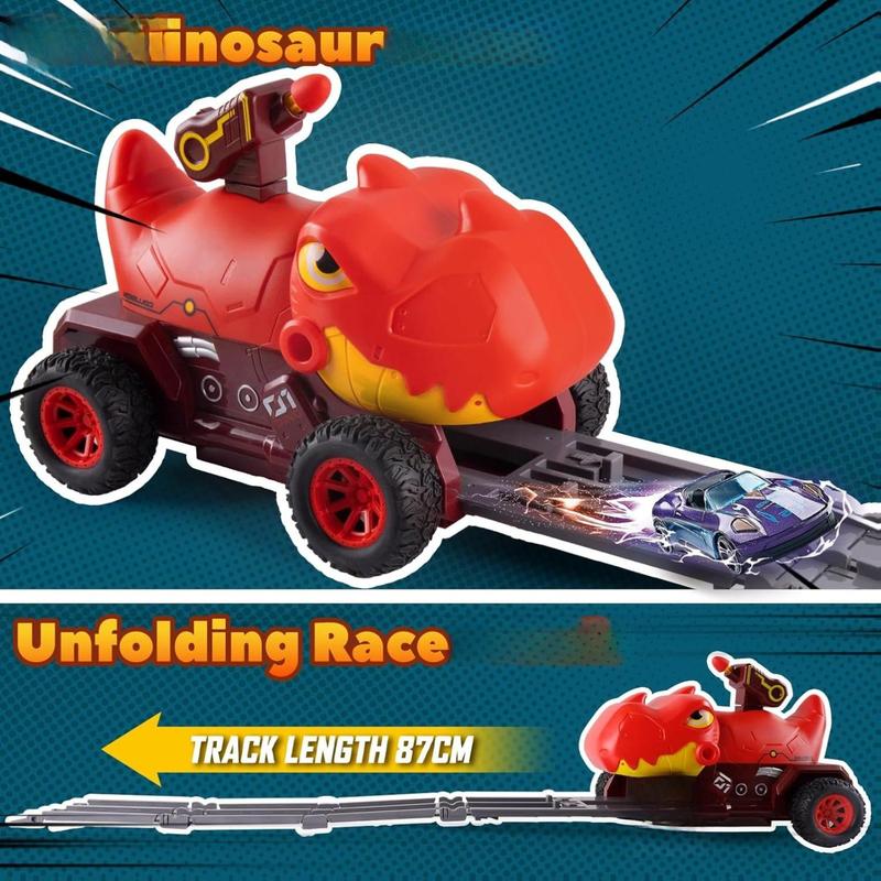 Dinosaur Truck Toys for 2 3 4 5 Year Old Boy with 6 Die-Cast Metal Toy Cars, Gifts for 2 3 4 5 Year Old Boys, Foldable Track & Missile Launcher, Birthday Gift Idea for Toys for Ages 2-4
