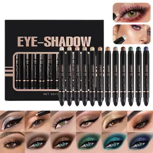 12Pcs Eyeshadow Stick Set, Eye Brightener with Built-in Blender Brush, Shimmer Creamy Makeup, Waterproof Long Lasting Glitter Highlighter, Easy Application for Smoky & Luminous Looks
