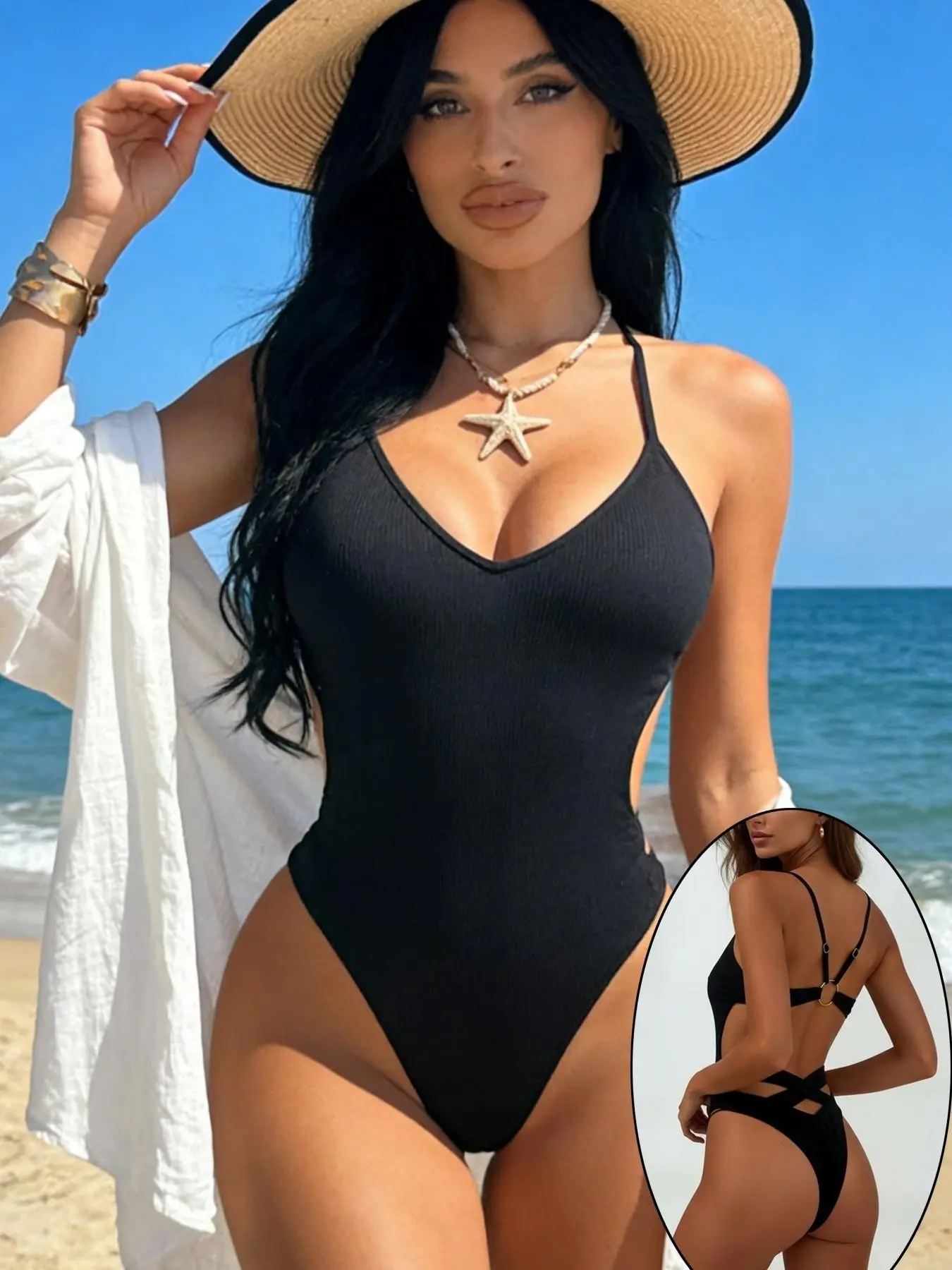 Women's Sexy Backless One-Piece Swimsuit, Halter Neck Swimwear, Slim Fit Solid Color, Perfect for Beach Pool, New European Style Swimwear, Halter Bathing Suit, Swimmingsuits