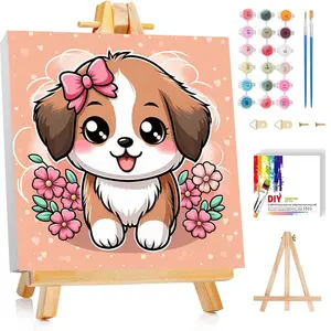 bleihum Dog Paint by Numbers Kit for Kids with Frame and Wooden Easel, Cute Paint by Number for Kids Ages 4-8-12, Animal Oil Painting by Number for Gift Home Wall Decor 8X8inch