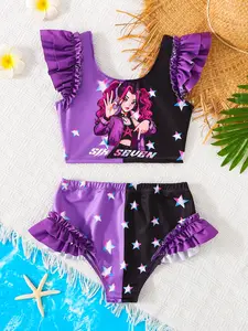 Girls' Two-Piece Swimsuit, Cartoon Print Bikini, Summer Beach Vacation Swimwear, Cute Ruffle Swim Dress