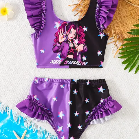 Girls' Two-Piece Swimsuit, Cartoon Print Bikini, Summer Beach Vacation Swimwear, Cute Ruffle Swim Dress, Tween Swimsuit, Casual Summer Swimwear, Swim Set, Swimwear Outfits