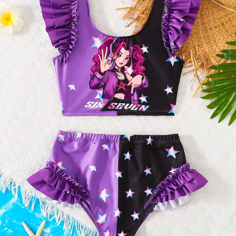 Girls' Two-Piece Swimsuit, Cartoon Print Bikini, Summer Beach Vacation Swimwear, Cute Ruffle Swim Dress, Tween Swimsuit, Casual Summer Swimwear, Swim Set, Swimwear Outfits
