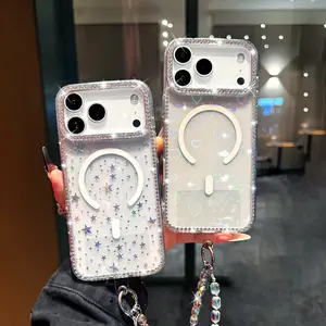 Luxury Rhinestone Star Phone Case and Lanyard Set, Magnetic Design, Compatible with Magsafe, Crystal Beaded Chain, Fits iPhone 17/16+/15-Pro Max