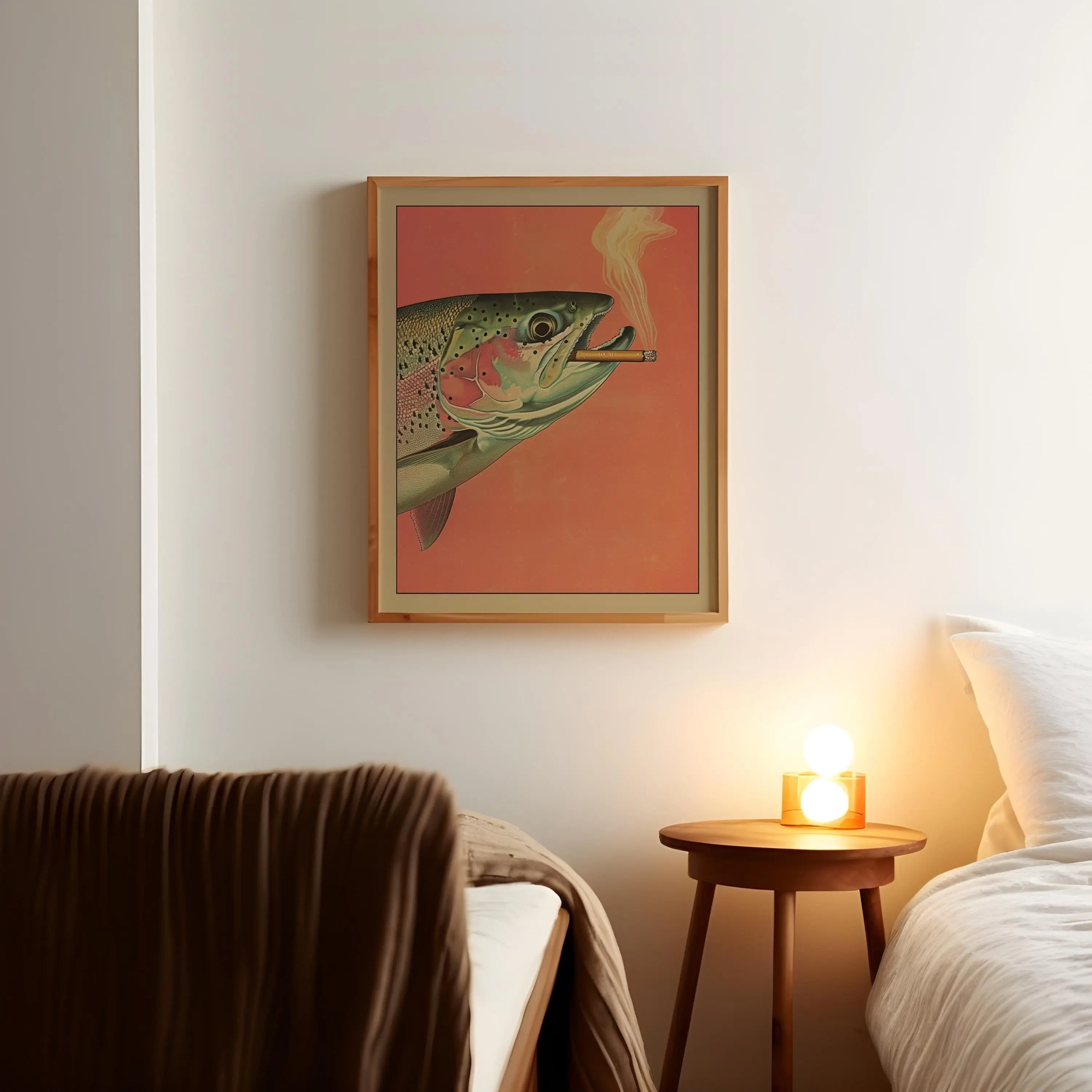 Whimsical Trout Smoking a Cigarette Vintage Poster Art - Artistic Woody Frame-Style Wall Print with Polka Dot & Houndstooth Accents, Whimsical Room Decor for Fishermen, Home Decoration Items, Wardrobe