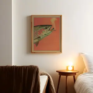 Trout Smoking a Cigarette Vintage Poster Art Funny Retro Whimsical Print Cabin Wall Decor Outdoor Sports Fisherman Illustration