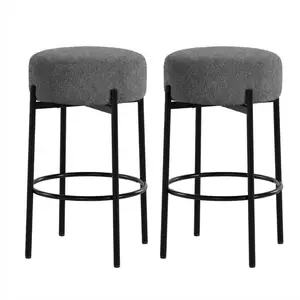 Round Bar Stools Set of 2, 24" Modern Backless Bar Stools, Sherpa Upholstered with Foot Rest for Kitchen Island, Counter, Cafes