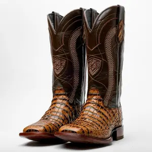 Honey Caiman Belly Leather Boots - Square Toe
