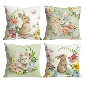 Watercolor Spring Bunny Floral Throw Pillow Covers Set of 4 | Easter Rabbit & Butterfly Decor for Sofa Couch 0224YA