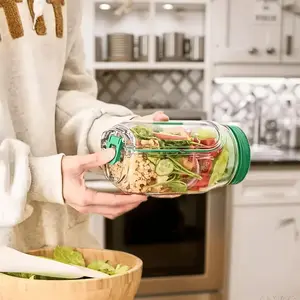 32oz Salad Mason Jars with Side Openings, Leak-Proof Lids, Leakproof Container - Microwave, Dishwasher, Freezer Safe - Airtight Salad Containers with Dressing Jars, Stackable Design for Meal Prep, Office, Travel - BPA-Free Plastic Food Storage