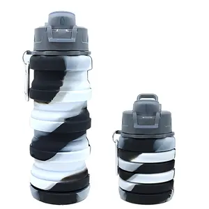 Silicone Collapsible Water Bottles, 16oz Portable Foldable Expandable Water Bottle Sports Cups, Leak Proof Reusable BPA Free, for Outdoor Activities Travel(Black white)