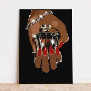 Art for Makeup Room, Black Woman Glam Print, Boss Babe Vanity Decor, Luxury Perfume Art Print, Red Nails Beauty Wall Poster, Unframed, Room Decor