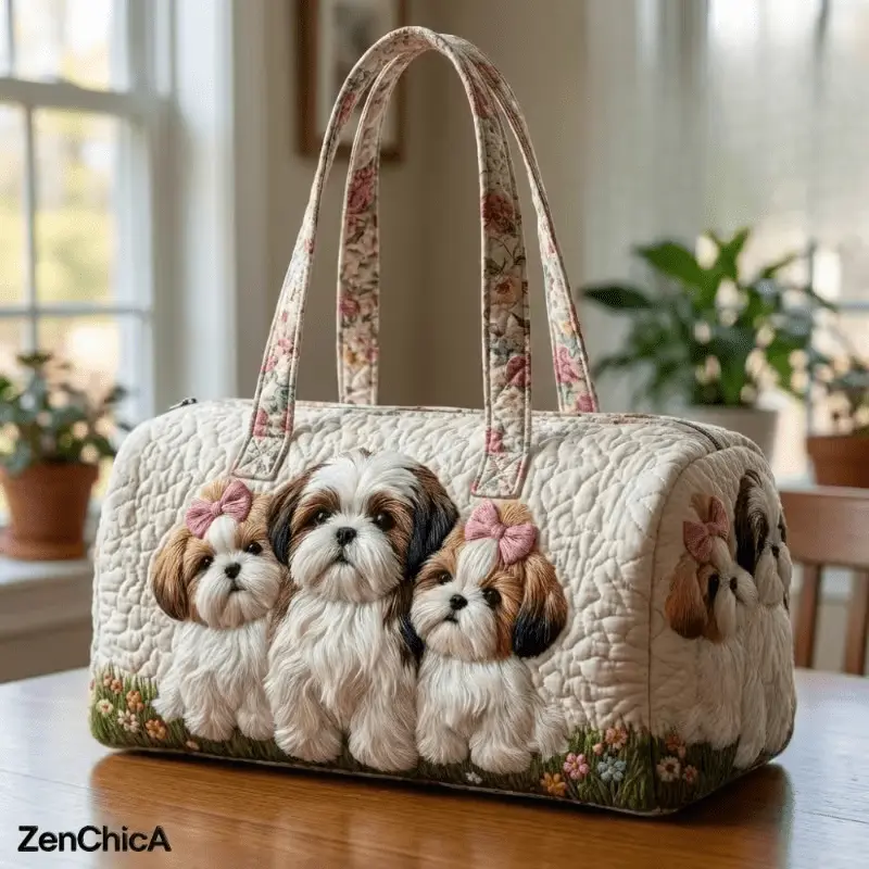 Women's Bohemian Shih Tzu Puppy Tote Bag - Large Capacity Quilted Travel Bag with 3D Dog Print, Machine Washable Suitable for Shopping, Work, Vacation, Cute for, for Pet Lovers