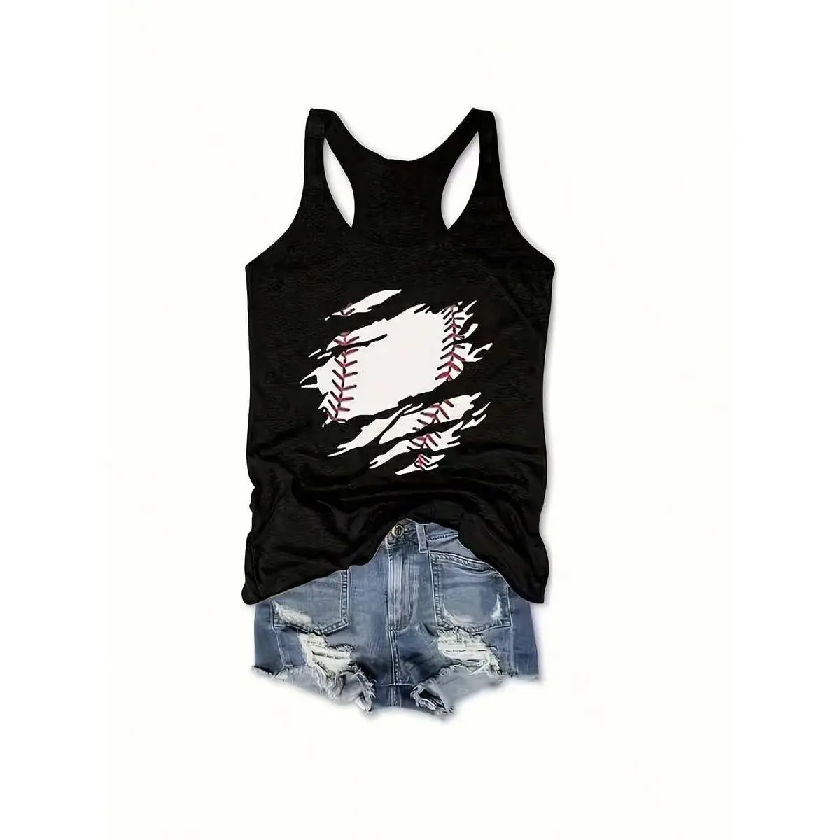 Women's Sleeveless Baseball Graphic Tank Top, Sport Illustration With Casual Lifestyle Theme, Crew Neck Casual Vest For Summer Home Wear, Outings And Sport Fan Gift Choice