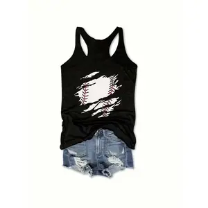 Women's Sleeveless Baseball Graphic Tank Top, Sport Illustration With Casual Lifestyle Theme, Crew Neck Casual Vest For Summer Home Wear, Outings And Sport Fan Gift Choice