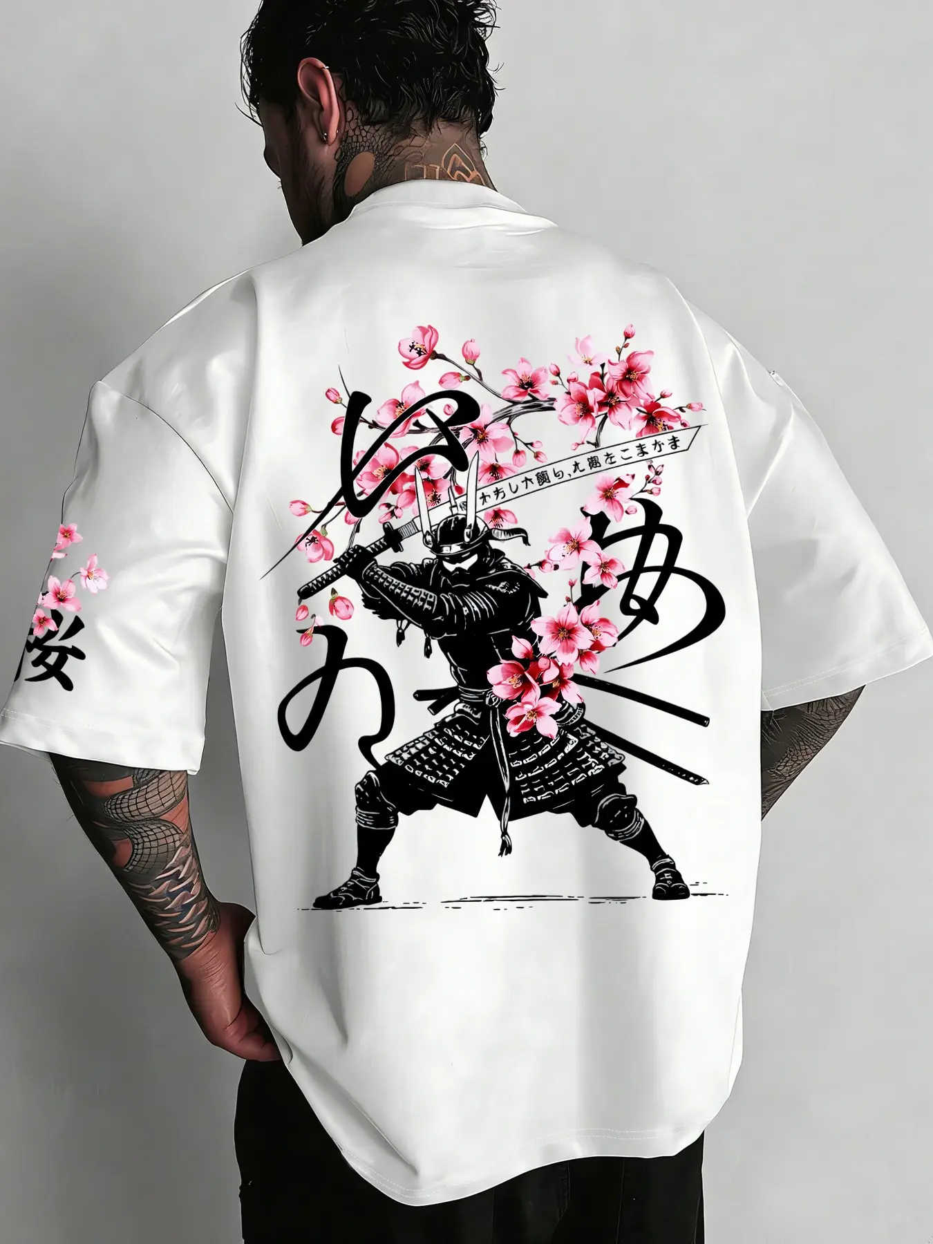 Men's Casual Streetwear Versatile Short Sleeve T-Shirt, Samurai Cherry Blossom Print, Simple Style for Daily Wear, Comfortable Fashion Tee