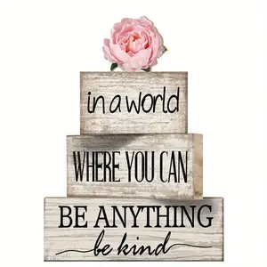 4 Pcs Farmhouse Flower Wooden Tabletop Decor, Party center decoration, Farmhouse Tiered Tray Decor Rustic Design Faux Decorative Wood Block Sign Inspired Gift Centerpiece Table sign for Home Shelf Supplies