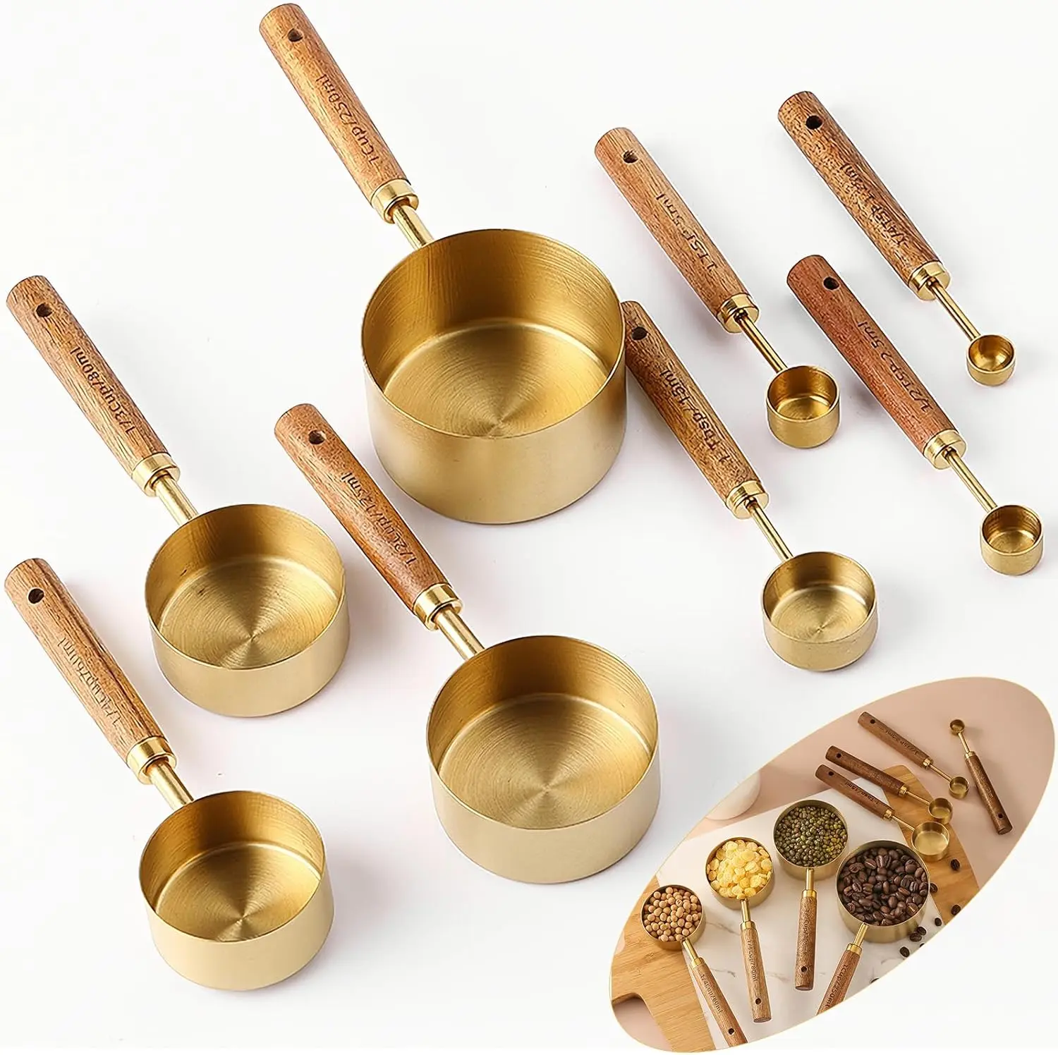 8Pcs Measuring Cups and Spoons Set - Golden Stainless Steel Measuring Cups with Wooden Handle, Metal Measuring Spoons Set Nesting Kitchen Measure Set for Kitchen/Food/Baking (8Pcs Wooden Handle) magnetic